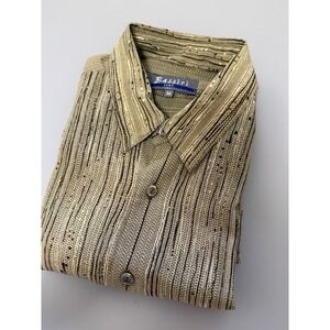 Bassiri Uomo Mens Medium Tan Textured Abstract Stripe Short Sleeve Button Up